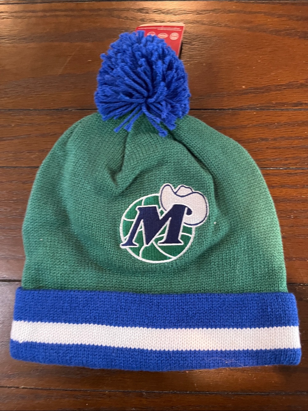 Mitchell & Ness Green and Blue Pom Pom Kids Beanie with M Logo